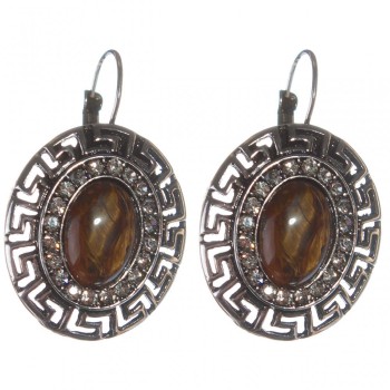 Clearance. Tiger's Eye Earrings in a 'Greek' Frame with Crystals, Oval Stone 2.5×3 cm, Length 3.9 cm