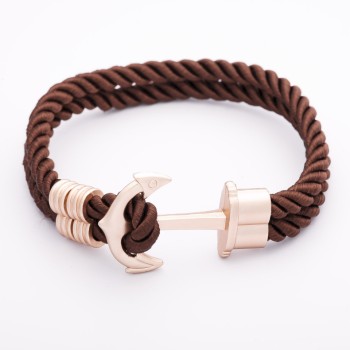 Women's Bracelet 'Anchor' with a dark brown braided textile cord, metal-tone color, length 22 cm