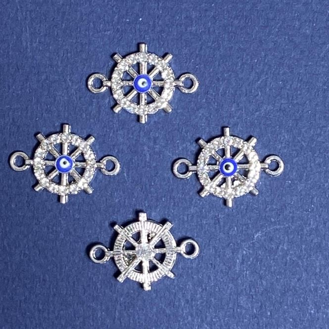 Findings pendant connector with rhinestone eyes Steering wheel, 1.5x2 cm, silver-tone finish, 4 pcs