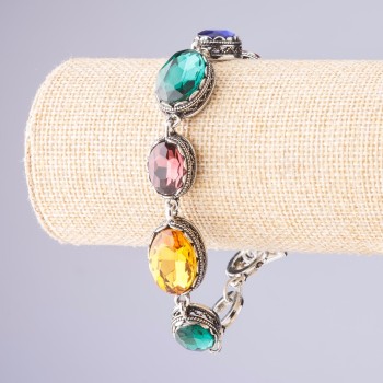 Bracelet with Multicolored Crystals, Tooth-Prong Setting, Oval Stones, 7 pcs, 20×16 mm and 13×16 mm, Length 18–21 cm