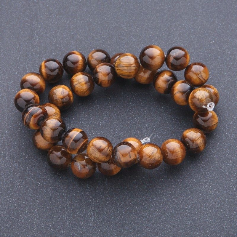 Tiger's Eye natural stone beads on thread, 12mm diameter, 39 cm length