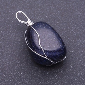 Pendant with natural aventurine stone 'Blue Sand Cairo Night' wire-wrapped, 3x2 cm, assorted sizes