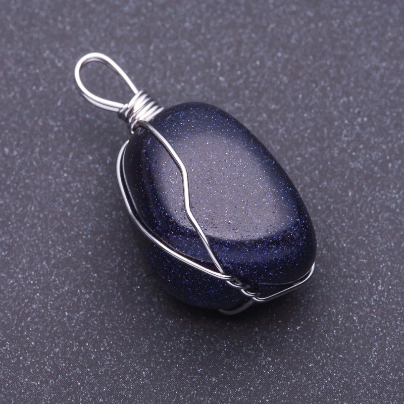 Pendant with natural aventurine stone 'Blue Sand Cairo Night' wire-wrapped, 3x2 cm, assorted sizes