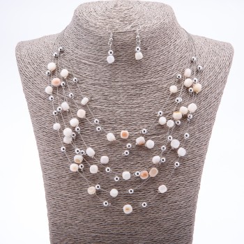 Earrings and Necklace Set "On the Strings of the Soul" with white mother-of-pearl beads, diameters 7 mm and 5 mm, length 46-50 cm
