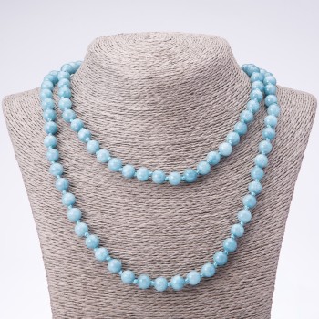Long Aquamarine Gemstone Necklace with Smooth Beads, 8 mm Diameter, 110 cm Long