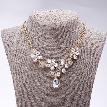 Evening Necklace with White Crystals 'Precious Flowers', Length 42-49 cm