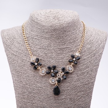 Evening necklace with black crystals 'Precious Flowers', length 42-49 cm