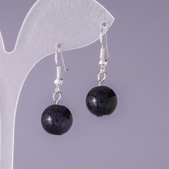Earrings Aventurine Stone Blue Sand Cairo Night Smooth Ball, 12 mm Diameter, 3 cm Length