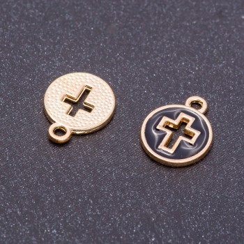 Pendant finding 'Cross' black enamel 'gold', diameter 12mm, length 15mm, drilled hole 5mm, 5mm bevel, 10 pcs