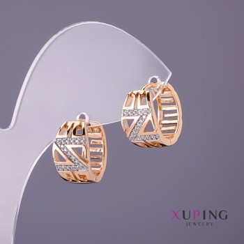 Xuping Earrings with White Crystals, 8 mm Diameter, 14 mm Length, Gold Color