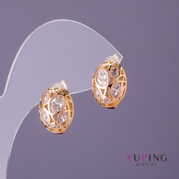 Xuping Earrings with White Stones, 11 mm diameter, 14 mm length, Gold color