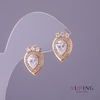 Xuping Earrings with White Stones, 11 mm Diameter, 17 mm Length, Gold Color