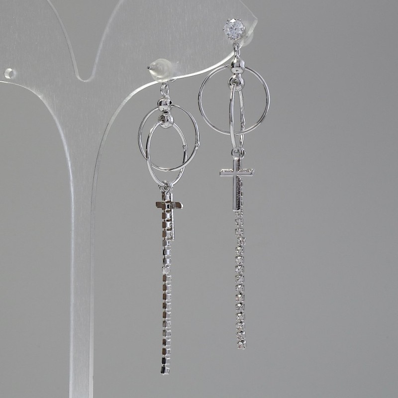 Earrings 'Itaolyao' Crosses, 15 mm diameter, 65 mm length, silver