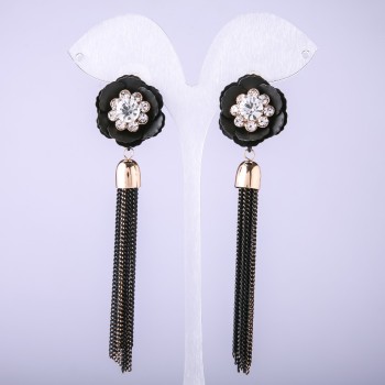 Tassel Earrings Black Flower from Chains, length 90mm