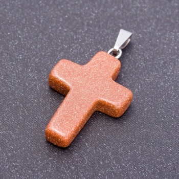 Pendant Cross, Aventurine Stone, Golden Sand 18x25 mm