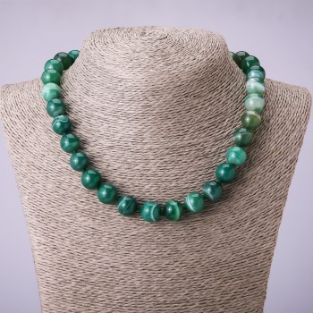 Eye agate bead necklace, green smooth beads, 12 mm diameter, 45 cm length