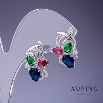 Xuping Earrings with Multicolored Crystals, 20x14 mm Rhodium-Plated