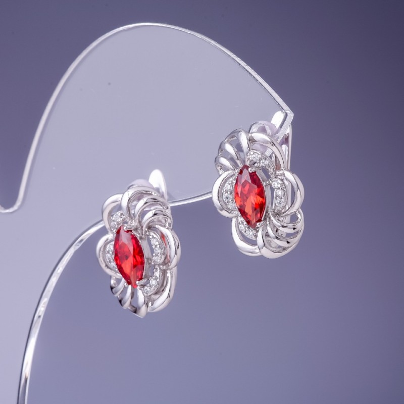 Xuping Earrings with Ruby-Red Cubic Zirconia, 17x12 mm, Rhodium