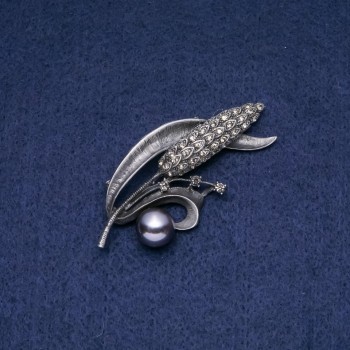 Brooch-pendant Sprig with black Majorca pearls, 68x30mm