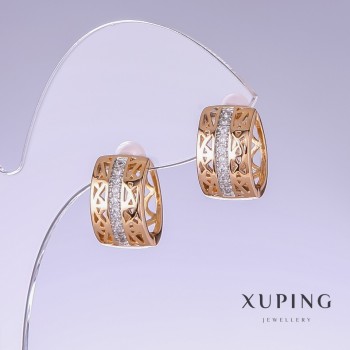 Xuping Earrings with White Crystals, 15 mm Length, 8 mm Thickness, 18K Gold-Plated