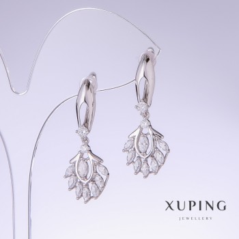 Xuping Earrings with White Cubic Zirconia, 35 mm length, 14 mm width, Rhodium-Plated