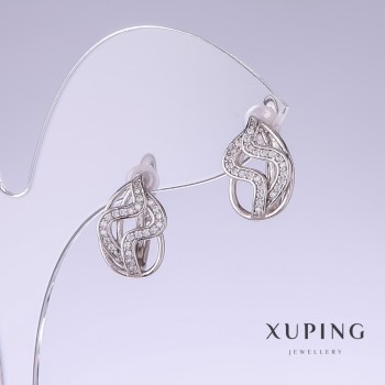 Xuping Earrings with White Pavé Stones, 15mm long, 10mm thick, Rhodium
