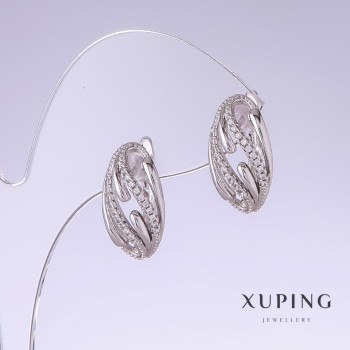 Xuping Earrings with White Stones, 18 mm long, 9 mm thick, Rhodium-Plated