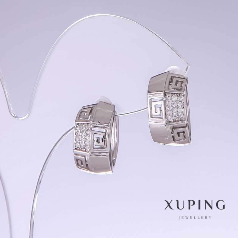 Xuping Earrings with White Rhinestones, 17mm long, 9mm thick, rhodium-plated