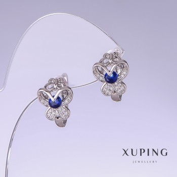 Xuping Earrings 'Butterflies' with Blue Cubic Zirconia, length 15mm, thickness 11mm, Rhodium-plated