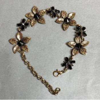 Bracelet 'Lilies' with Black Crystals, color Dark Gold, width 25mm, length 19–25cm