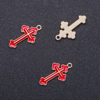 Pendant findings Cross, red enamel "Gold", diameter 14 mm, length 26 mm, diameter 1.7 mm, packaging 10 pcs (+ -)