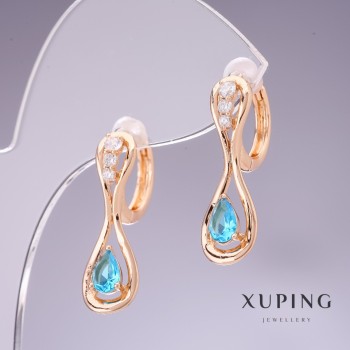 Xuping Earrings with Blue Cubic Zirconia 'Topaz' 26×8 mm, 18K Gold-Plated