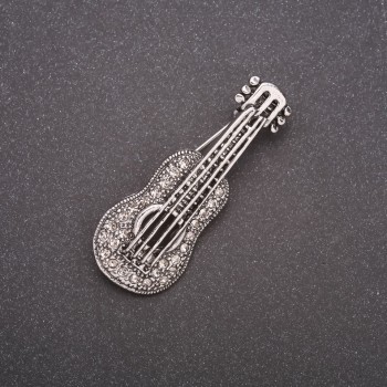 Guitar Brooch in Rhinestones Gray Metal 50x19mm