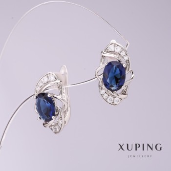 Xuping Earrings with Blue Cubic Zirconia, 9 mm Diameter, 16 mm Length, Rhodium-Plated
