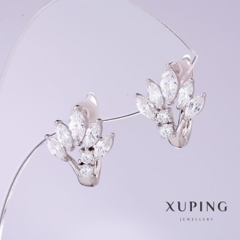 Xuping Earrings with White Zircons - Fan Shape, 12mm Diameter, 15mm Length, Rhodium-plated