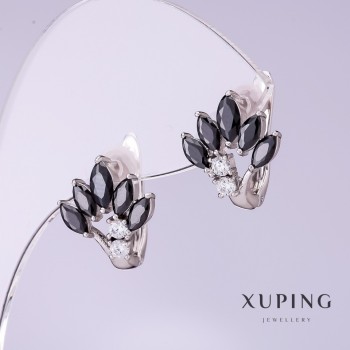 Xuping Earrings with Black Cubic Zirconia 'Fan', 12 mm diameter, 15 mm length, Rhodium