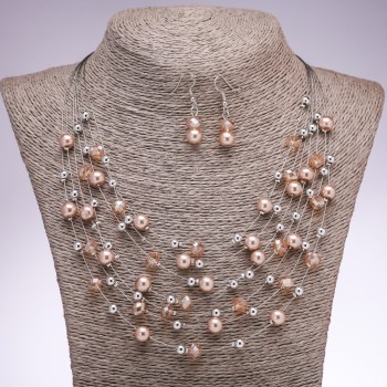 Earrings and Necklace Set 'Strings of the Soul' Champagne Beads, diameter 5-8 mm, length 45-50 cm