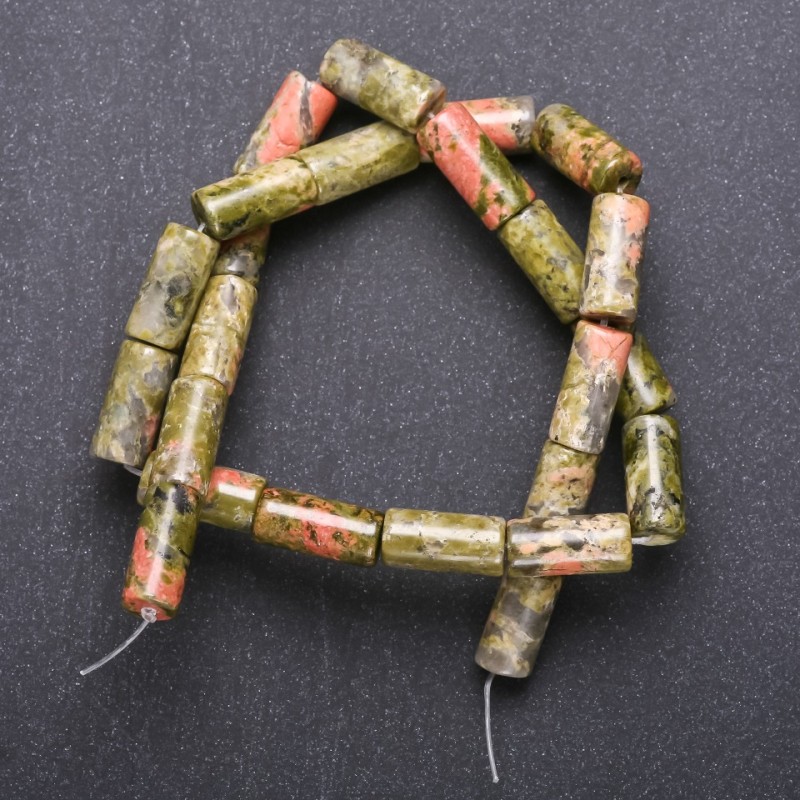 Unakite natural stone beads (Heliotrope) on thread, cylindrical, 8x17 mm diameter, 40 cm long