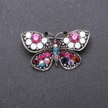 Butterfly Brooch with Multicolored Rhinestones, 43x25 mm, Gray Metal