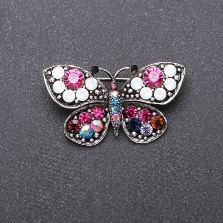Butterfly Brooch with Multicolored Rhinestones, 43x25 mm, Gray Metal