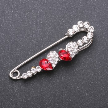 Brooch pin with red glass crystals, 67×18 mm, white metal