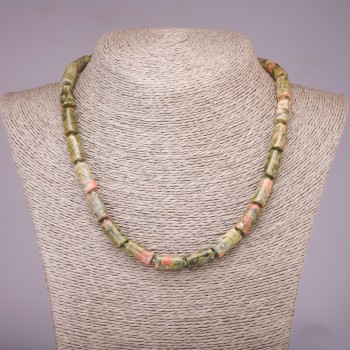 Necklace of natural stones: Heliotrope and Unakite, cylindrical beads, diameter 8x17 mm, length 45 cm