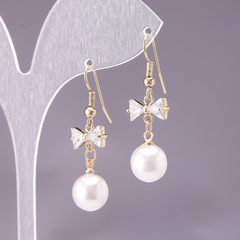 Earrings 'Bows' with White Beads, diameter 10 mm, length 3 cm, yellow metal