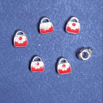 Pandora bead charm red purse, light gray metal, 10mm, faceted, 6 pcs