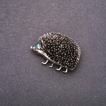Brooch 'Hedgehog with Green Rhinestones' 39×27mm Gray Metal