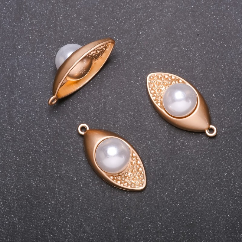Findings - Leaf pendant with bead, diameter 15 mm, length 30 mm, yellow metal finish, 4 pcs