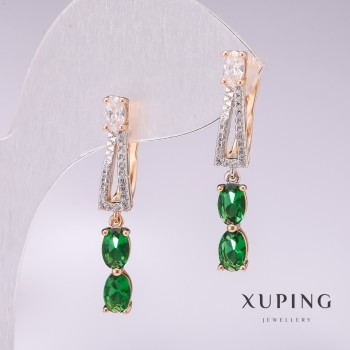 Xuping Earrings with 18K Gold Plating, Green Stones and White Rhinestones, 32×5 mm