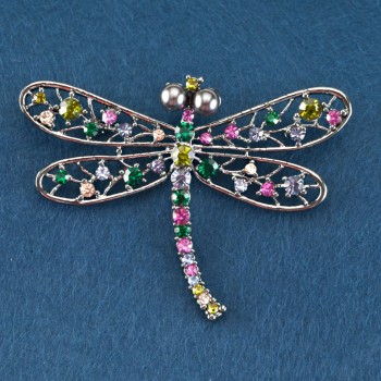 Dragonfly Brooch with Multicolored Rhinestones, Gray Metal, 70×52 mm