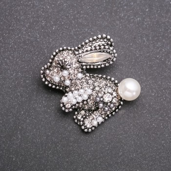 Beaded Bunny Brooch in Silver-Tone Metal with Crystals, 35mm+