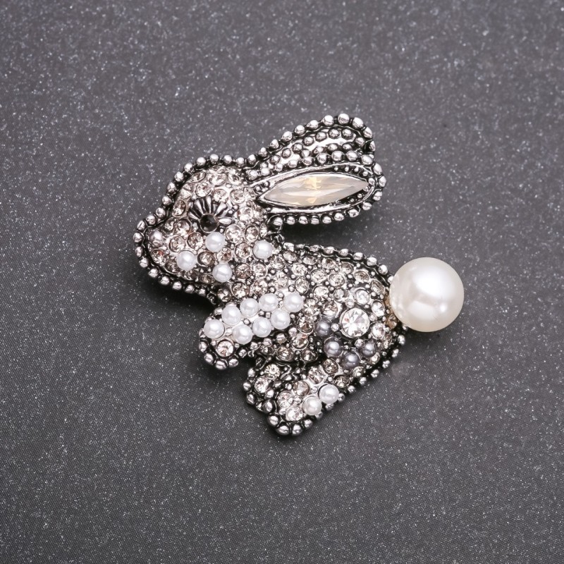 Beaded Bunny Brooch in Silver-Tone Metal with Crystals, 35mm+